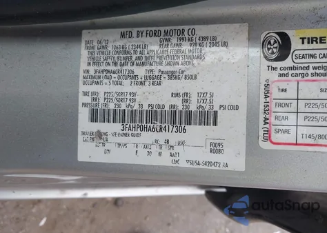 2012 Ford Fusion Se z USA, uszkodzony, nr VIN 3FAHP0HA6CR417306